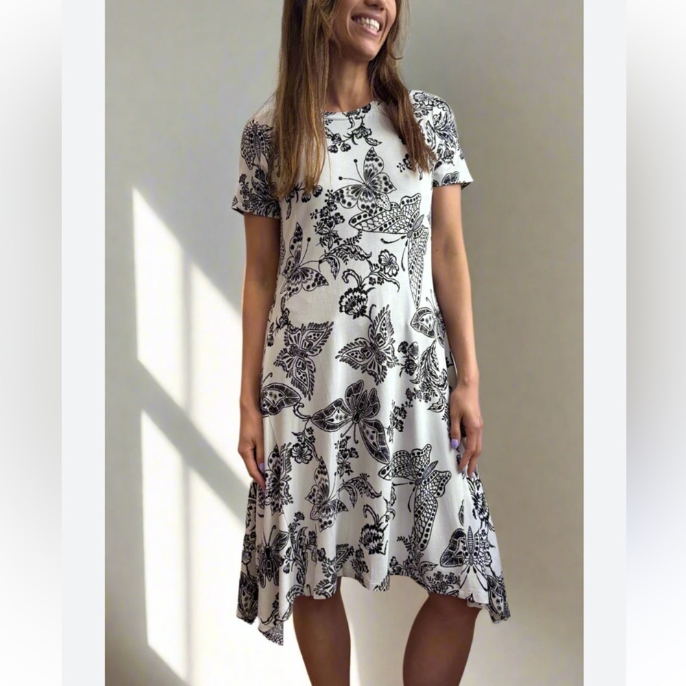 JOHNNY WAS JANIE BUTTERFLY HANDKERCHIEF HEM MIDI DRESS BLACK CREAM SIZE MED NWT